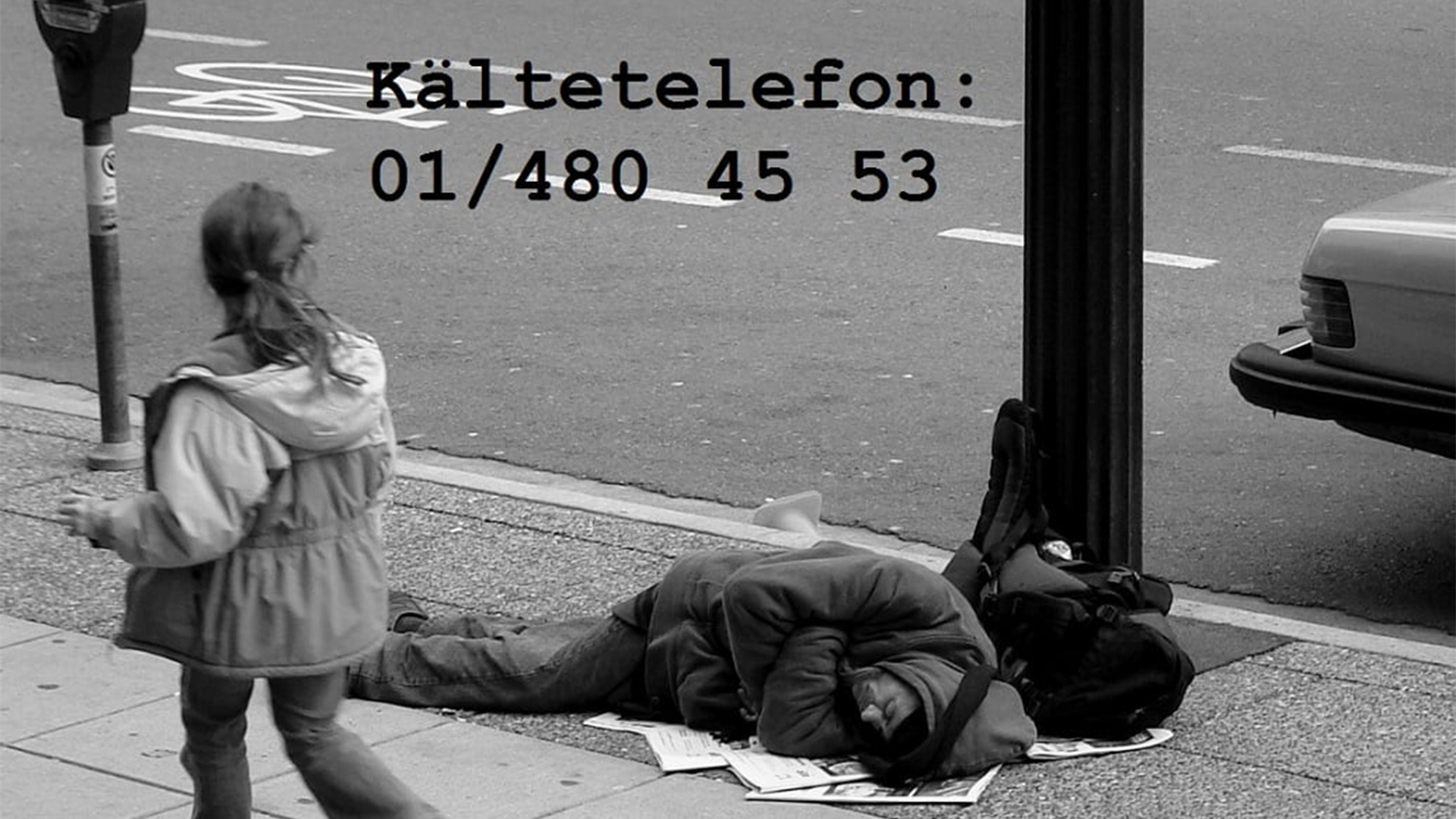 Bild eines obdachlosen Menschen, der auf der Straße liegt. Kältetelefon: 01/480 45 53