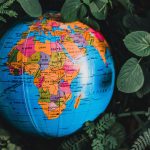 Globus mit Fokus Afrika liegt in Blättern